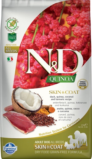 Farmina Natural & Delicious All Breed Quinoa Skin & Coat Anatra Grain Free Cibo Secco Per Cani 2,5kg