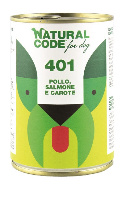 Natural Code 401 Cibo Umido Con Pollo/Salmone/Carote Per Cani Adulti Barattolo 400g