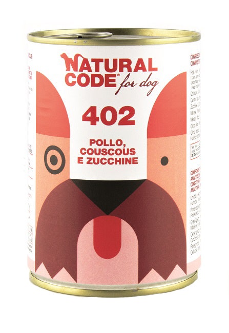 Natural Code 402 Cibo Umido Con Pollo/Couscous/Zucchini Per Cani Adulti Barattolo 400g