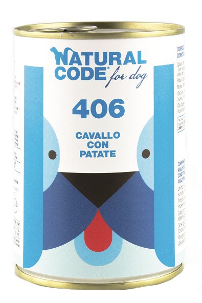Natural Code 406 Cibo Umido Con Cavallo/Patate Per Cani Adulti Barattolo 400g