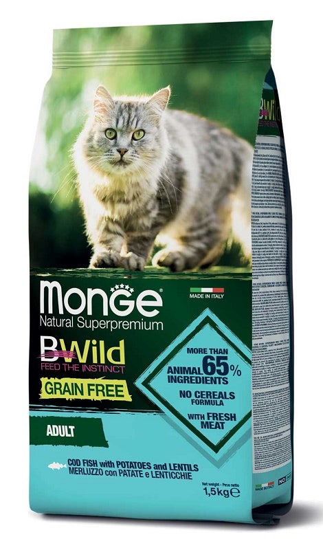 Monge B Wild Grain Free Con Merluzzo Patate Lenticchie Cibo Secco Gatti Adulti Sacco 1,5 Kg