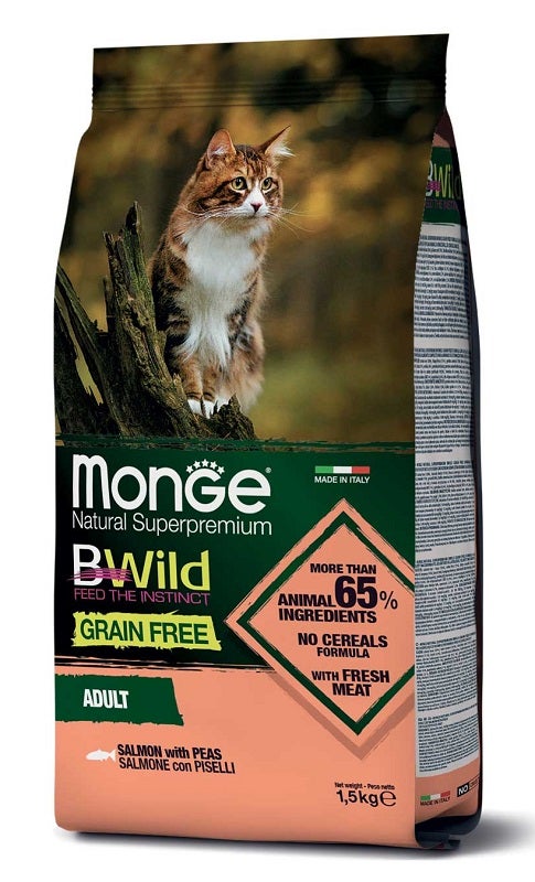 Monge B Wild Grain Free Con Salmone/Piselli Cibo Secco Gatti Adulti Sacco 1,5 Kg