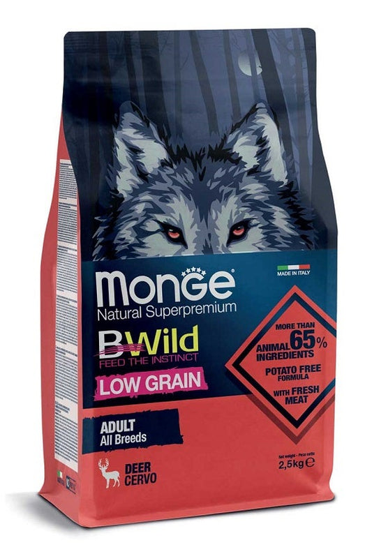 Monge B Wild Low Grain All Breeds con Cervo Cibo Secco Per Cani Adulti Sacco 2,5 Kg