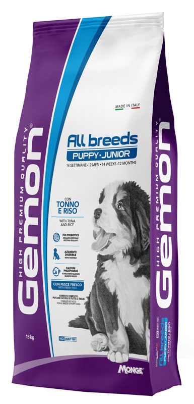 Gemon All Breeds Puppy Junior Tonno/Riso Cibo Secco Per Cani Cuccioli Sacco 15 Kg