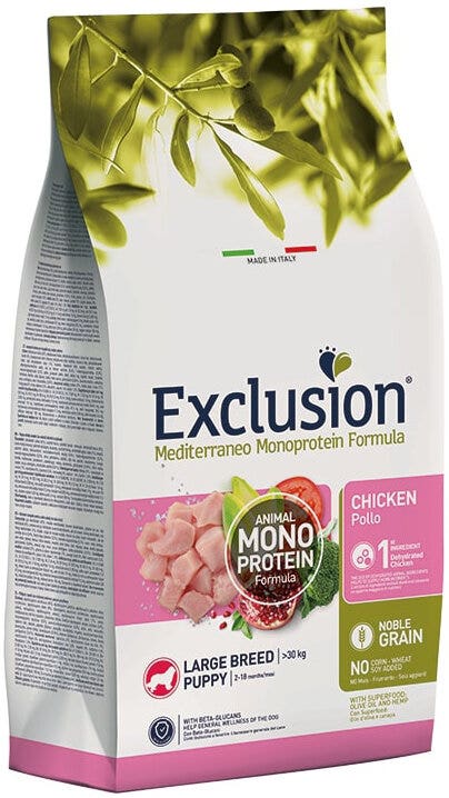 Dorado Exclusion Mediterraneo Monoprotein Noble Grain Puppy Large Breed Con Pollo Cibo Secco Per Cani 12kg