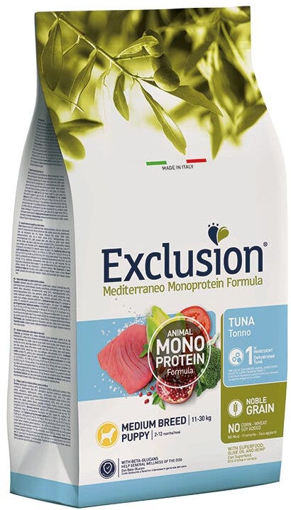 Dorado Exclusion Mediterraneo Monoprotein Noble Grain Puppy Medium Breed Con Tonno Cibo Secco Per Cani 12kg