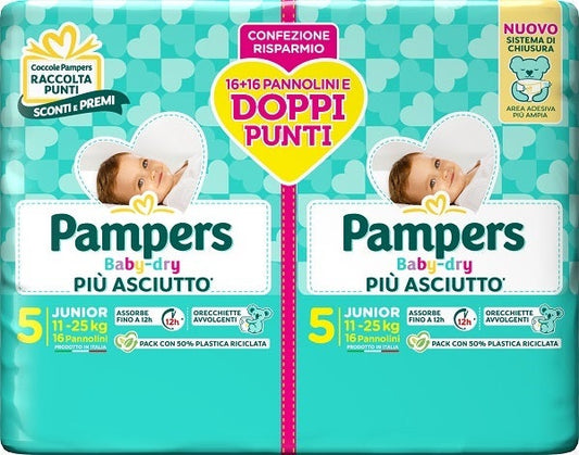 Pampers Baby Dry Pannolino Duo Downcount Junior 32 Pezzi