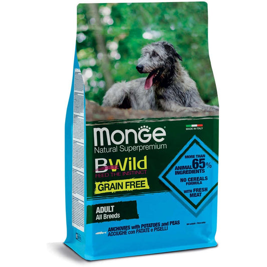 Monge B Wild Grain Free Acciughe Patate Piselli Cibo Secco Per Cani Adulti Sacco 12 Kg