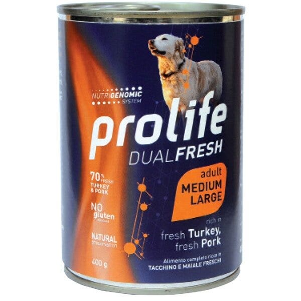 Prolife Dual Fresh Tacchino E Maiale Freschi Cibo Umido Per Cani Adulti Taglia Media/Grande Lattina 400g