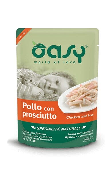 Oasy Wet Cat Pollo Con Prosciutto Cibo Umido Naturale Gatti Adulti Lattina 70g