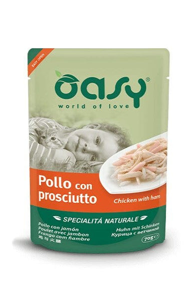 Oasy Wet Cat Pollo Con Prosciutto Cibo Umido Naturale Gatti Adulti Lattina 70g