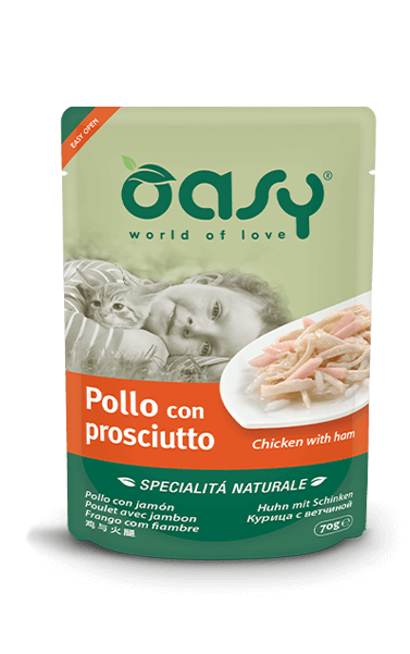 Oasy Wet Cat Pollo Con Prosciutto Cibo Umido Naturale Gatti Adulti Lattina 70g