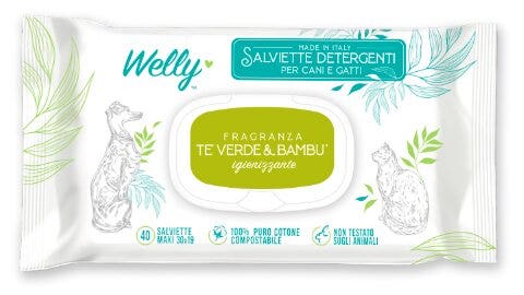 Welly Salviette Detergenti Igienizzanti Tè Verde & Bambù Per Cani E Gatti 40 Pezzi