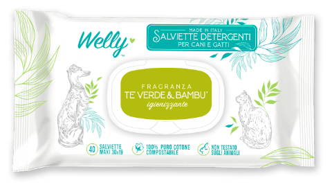 Welly Salviette Detergenti Igienizzanti Tè Verde & Bambù Per Cani E Gatti 40 Pezzi