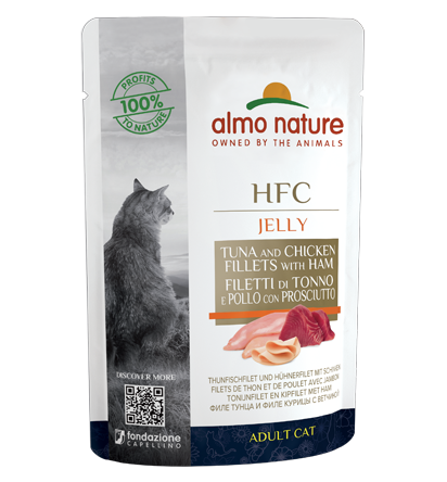 Almo Nature HFC Jelly Cibo Umido Filetto Di Tonno E Pollo Con Prosciutto Gatti Adulti Bustina 55g