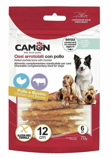Camon Rolls Di Pelle Bovina Con Pollo Per Cani 28cm 250g 3 Pezzi