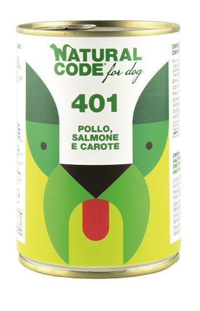 Natural Code 401 Cibo Umido Con Pollo/Salmone/Carote Per Cani Adulti Barattolo 400g