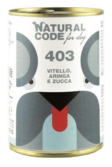 Natural Code 403 Cibo Umido Con Vitello/Aringa/Zucca Per Cani Adulti Barattolo 400g