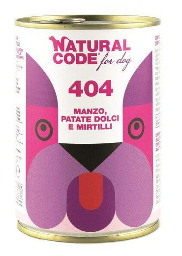 Natural Code 404 Cibo Umido Con Manzo/Patate Dolci/Mirtilli Per Cani Adulti Barattolo 400g