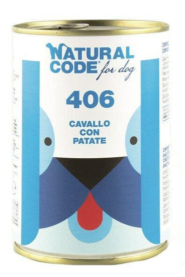 Natural Code 406 Cibo Umido Con Cavallo/Patate Per Cani Adulti Barattolo 400g