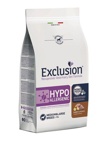 Exclusion Monoprotein Veterinary Diet Formula Hypoallergenic Crocchette Con Coniglio/Patate Per Cani Adulti Taglia Medio/Grande Sacco 2kg