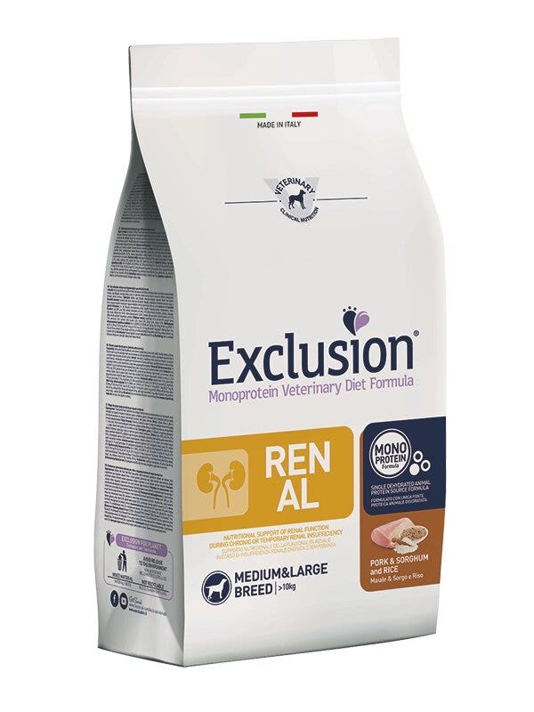 Exclusion Monoprotein Veterinary Diet Formula Renal Crocchette Con Maiale/Sorgo/Riso Per Cani Adulti Taglia Medio/Grande Sacco 2kg