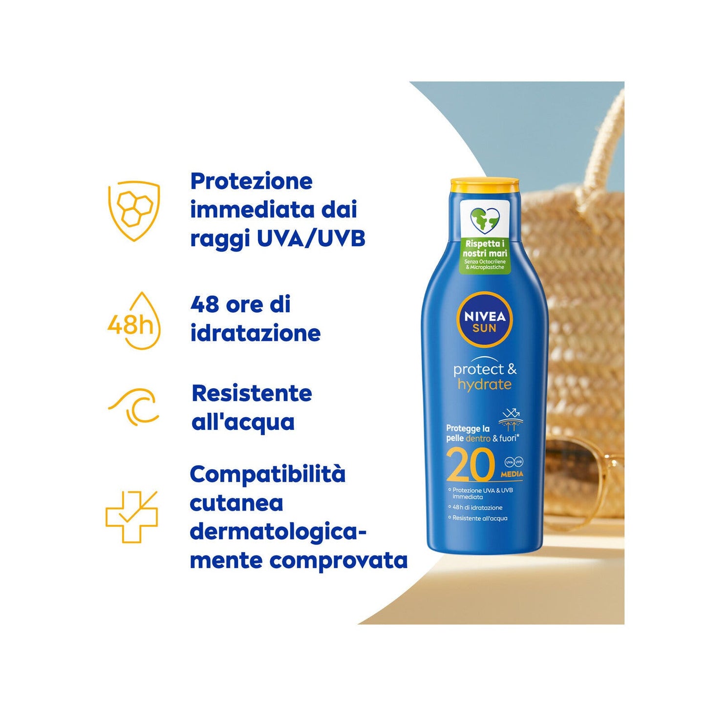 Nivea Sun Latte Solare Protect & Hydrate Fp20 Crema Solare Idratante Per 48 Ore 200ml
