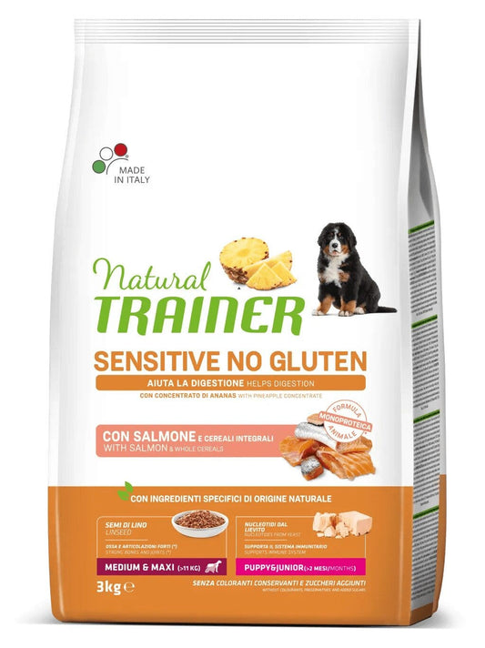 Natural Trainer Sensitive No Gluten Crocchette Con Salmone Per Cani Cuccioli Media/Grande Sacco 3kg