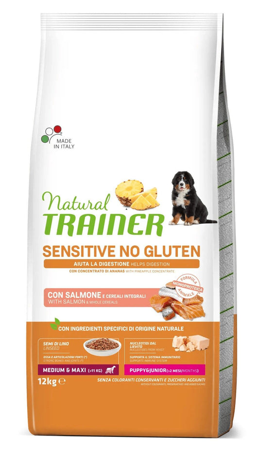 Natural Trainer Sensitive No Gluten Crocchette Con Salmone Per Cani Cuccioli Media/Grande Sacco 12kg