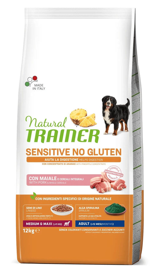 Natural Trainer Sensitive Senza Glutine Crocchette Maiale Per Cani Adulti Taglia Media/Grande Sacco 12kg