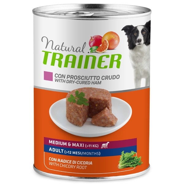 Natural Trainer Cibo Umido Prosciutto Crudo/Riso Per Cani Adulti Taglia Media/Grande Lattina 400g