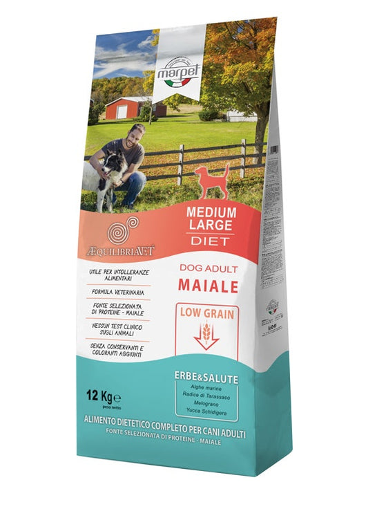 Marpet Aequilibriavet Low Grain Maiale Cibo Secco Per Cani Adulti Taglia Medium Large Sacco 12Kg