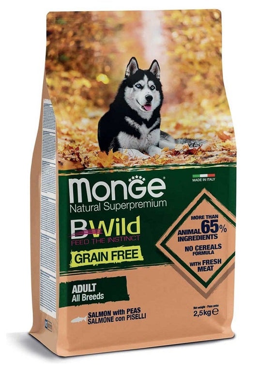 Monge B Wild Grain Free Con Salmone/Piselli Cibo Secco Per Cani Adulti Sacco 2,5Kg
