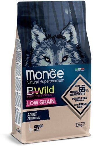 Monge B Wild Low Grain All Breeds con Oca Cibo Secco Per Cani Adulti Sacco 2,5 Kg