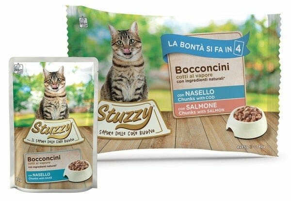 Stuzzy Bocconcini Con Nasello/Salmone Cibo Umido Gatti Adulti Multipack 4x85g