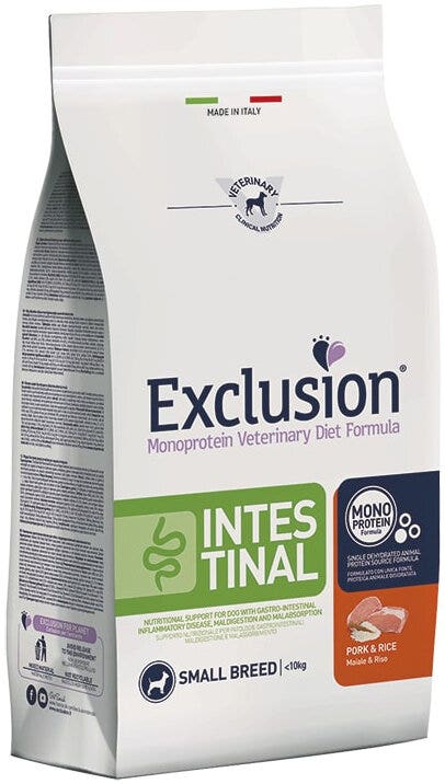 Exclusion Monoprotein Veterinary Diet Formula Intestinal Cibo Secco Maiale E Riso Per Cani Adulti Taglia Piccola Sacco 7kg