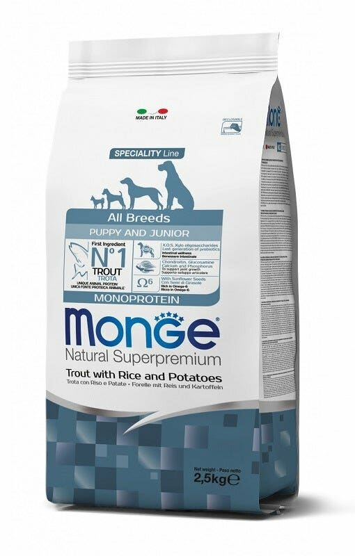 Monge Natural Superpremium All Breeds Trota con Riso e Patate Cibo Secco Cani Cuccioli Sacco 2.5Kg