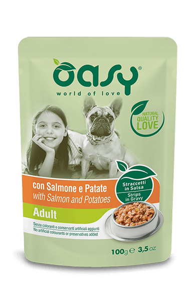 Oasy Straccetti In Salsa Con Salmone E Patate Per Cani Adulti Bustina 100g