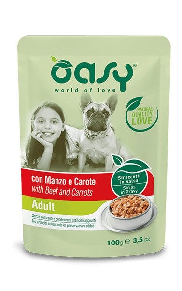 Oasy Straccetti In Salsa Con Manzo E Carote Per Cani Adulti Bustina 100g