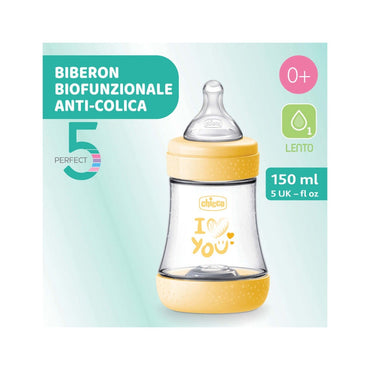 Chicco Biberon Neonato Perfect 5 Biberon Giallo Flusso Lento 150 ml 0Mesi+