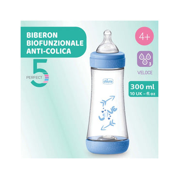Chicco Biberon Neonato Perfect 5 Biberon Azzurro Flusso Veloce 300 ml 4Mesi+