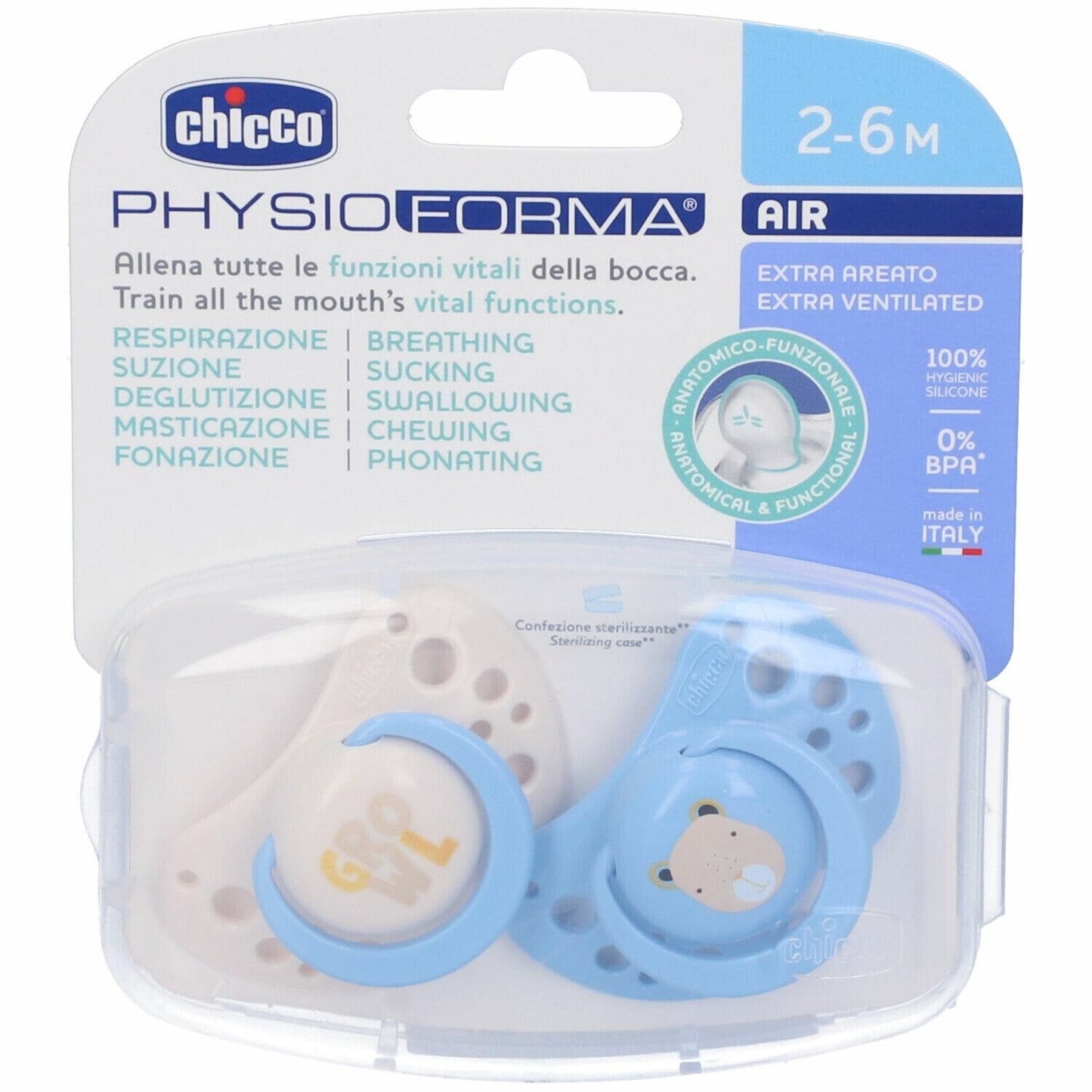 Chicco Succhietti PhysioForma Air Azzurro Silicone 2-6 Mesi 2 Pezzi