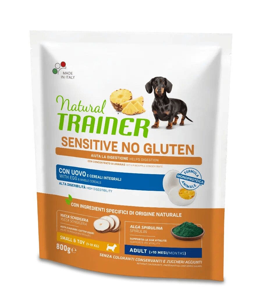 Natural Trainer Cane Sensitive No Gluten Small & Toy Adult con Uovo e Cereali Integrali 800g