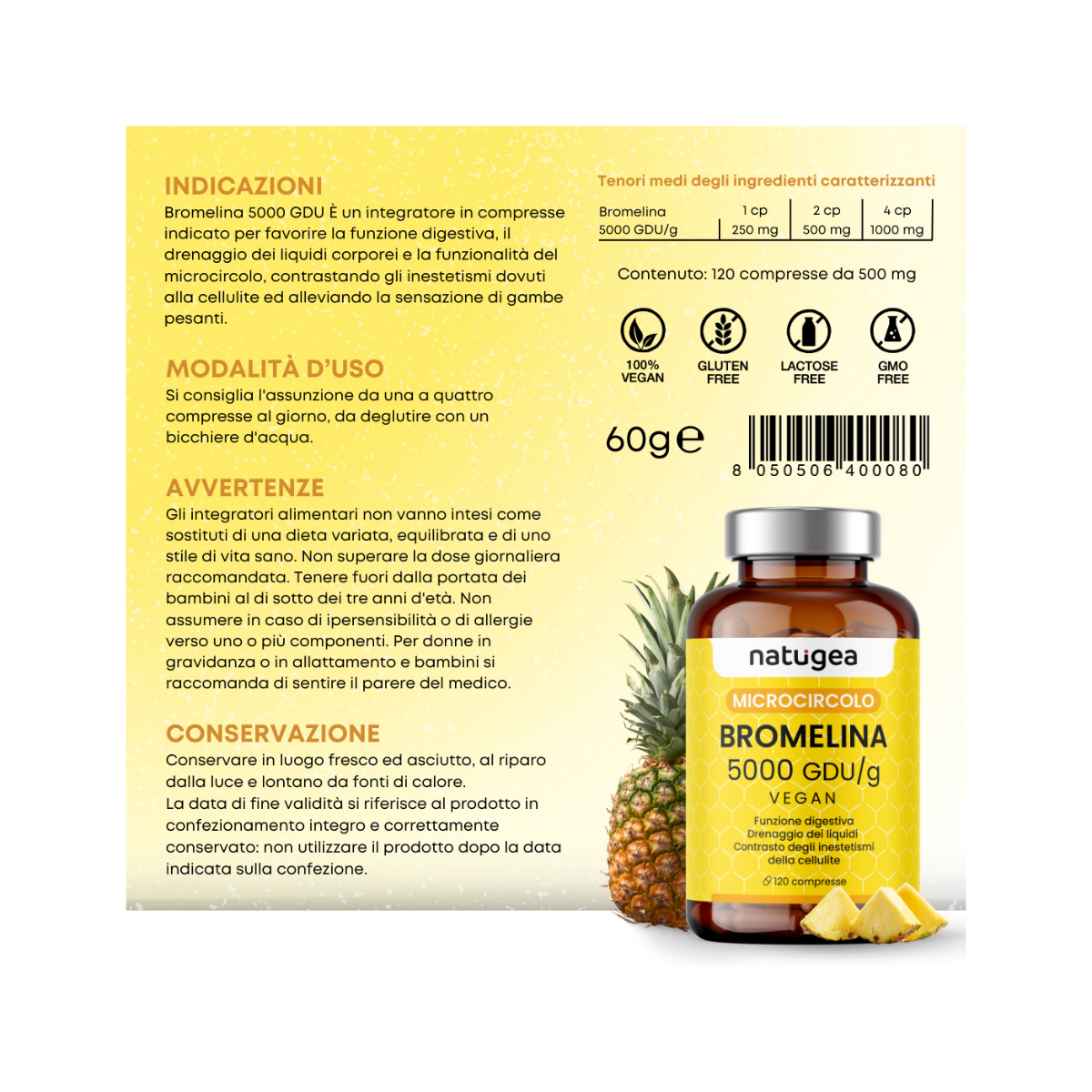 Natugea Bromelina Forte Drenante 5000 GDU/g Vegana Detox Anticellulite 120 Compresse