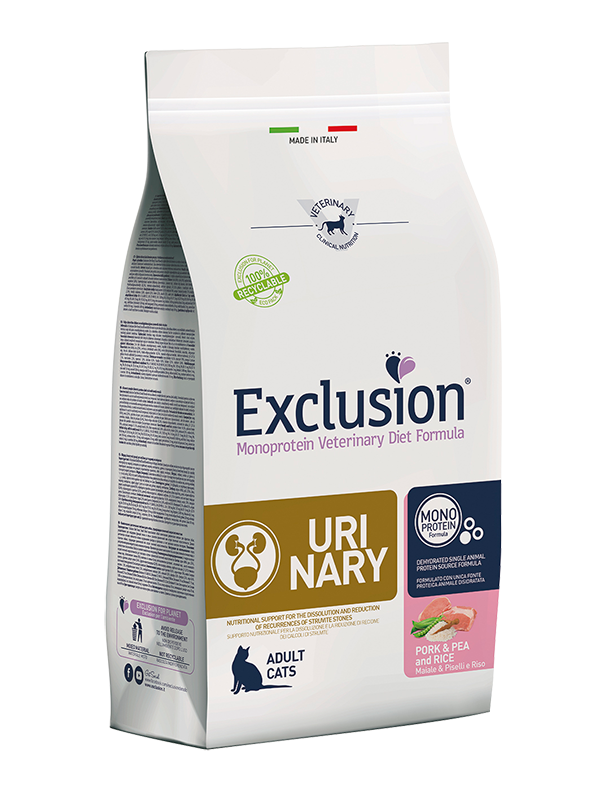 Exclusion Monoprotein Vet Diet Urinary Cibo Secco Maiale Piselli E Riso Per Gatti 1,5kg