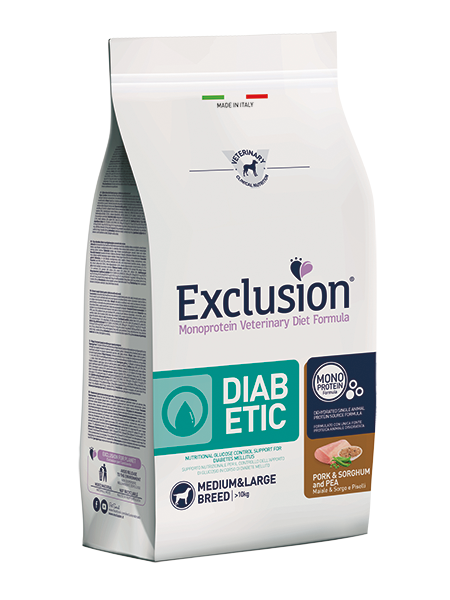 Exclusion Monoprotein Veterinary Diet Formula Diabetic Pork & Sorghum And Pea Medium Crocchette Per Cani 12kg