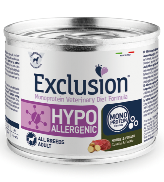 Exclusion Veterinary Diet Formula Hypoallergenic Per Cani Cavallo/Patate Lattina 200gr