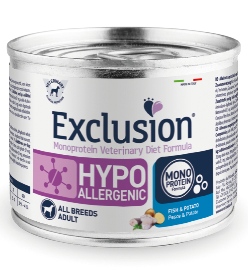 Exclusion Veterinary Diet Formula Hypoallergenic Per Cani Pesce/Patate Lattina 200gr