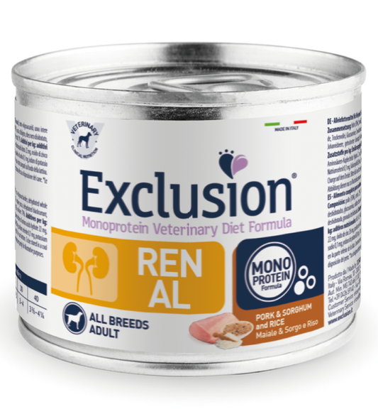 Exclusion Veterinary Diet Formula Renal Per Cani Maiale/Sorgo E Riso Lattina 200gr