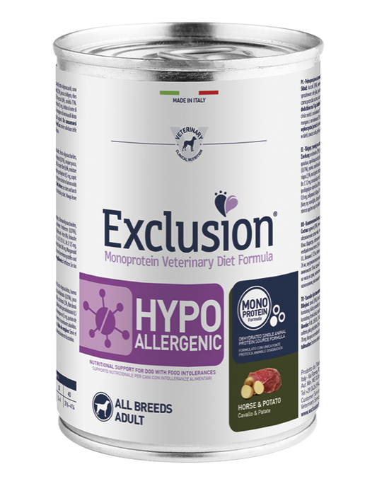 Exclusion Veterinary Diet Formula Hypoallergenic Per Cani Cavallo/Patate Lattina 400gr
